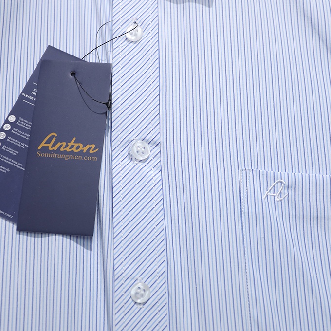 Áo Sơ Mi Nam Công Sở Trung Niên Anton Somianton Xanh Kẻ Sọc Dài Tay Vải Cotton Kẻ Sọc Đôi - Y327