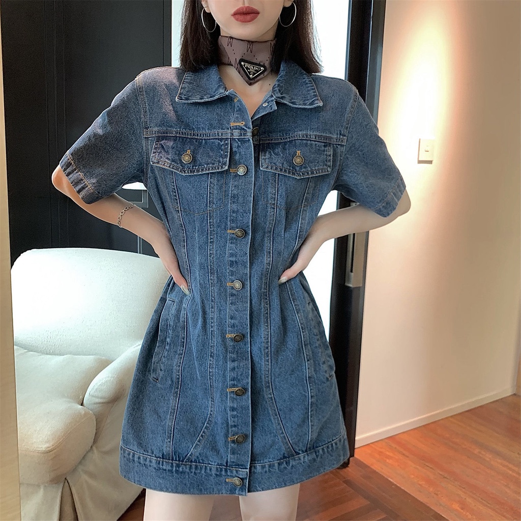 Đầm denim chiết eo thời trang mùa hè mới dành cho nữ 2021