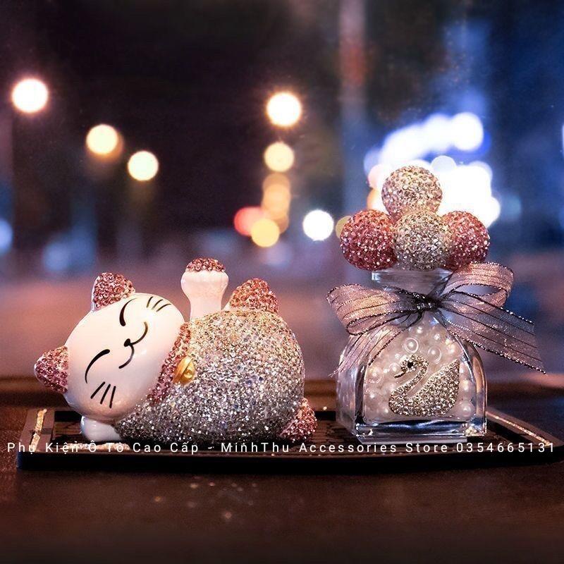 Set mèo tài lộc đính đá bình bóng đính đá trang trí xe hơi