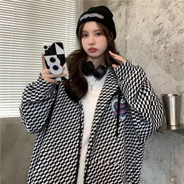 Áo khoác Hoodie họa tiết CARO khóa kéo form rộng chất len siêu dầy_VIETCEN