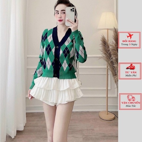 Áo Cardigan Dệt Kim Tay Dài Cổ Chữ V Họa Tiết Hình Thoi Quả Trám Phong Cách Hàn Quốc thời trang nữ yolo fashion