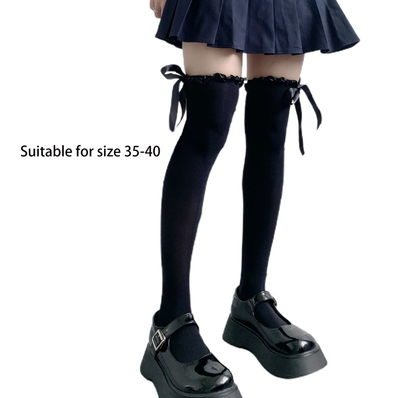 Han Vớ Dài Ngang Đùi Vải Satin Phối Ruy Băng Nhún Bèo Siêu Dài Kiểu Preppy Lolita Nhật Bản Ngọt Ngào Cho Nữ