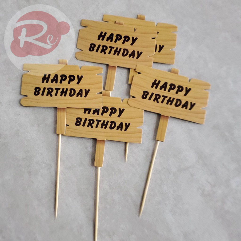 [Siêu Rẻ❤️] – Bảng Gỗ Hpbd (Set 5 Cây) - Trang Trí Bánh Sinh Nhật Bánh Kem