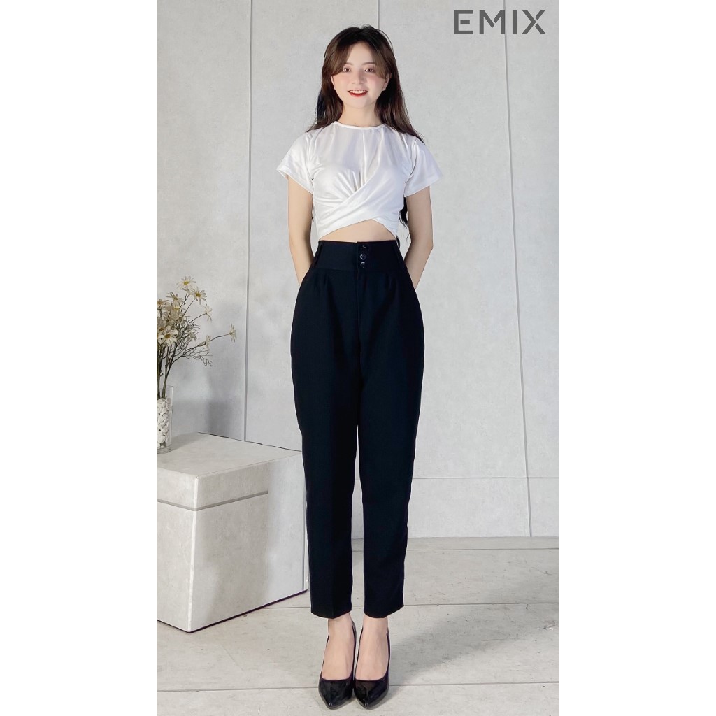 Quần tây nữ baggy công sở 3 cúc EMIX , cạp cao, túi chéo, có đai lưng, vải tuyết mưa mềm nhẹ, sơ vin lịch sự