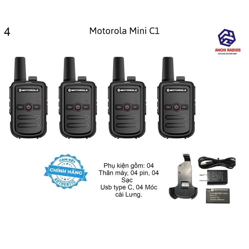 Bộ 04 Máy Bộ Đàm Motorola Mini C1 (Nhỏ gọn, Có chế độ khóa kênh, Pin dung lượng cao, Loa siêu to, Bảo hành 12 Tháng)