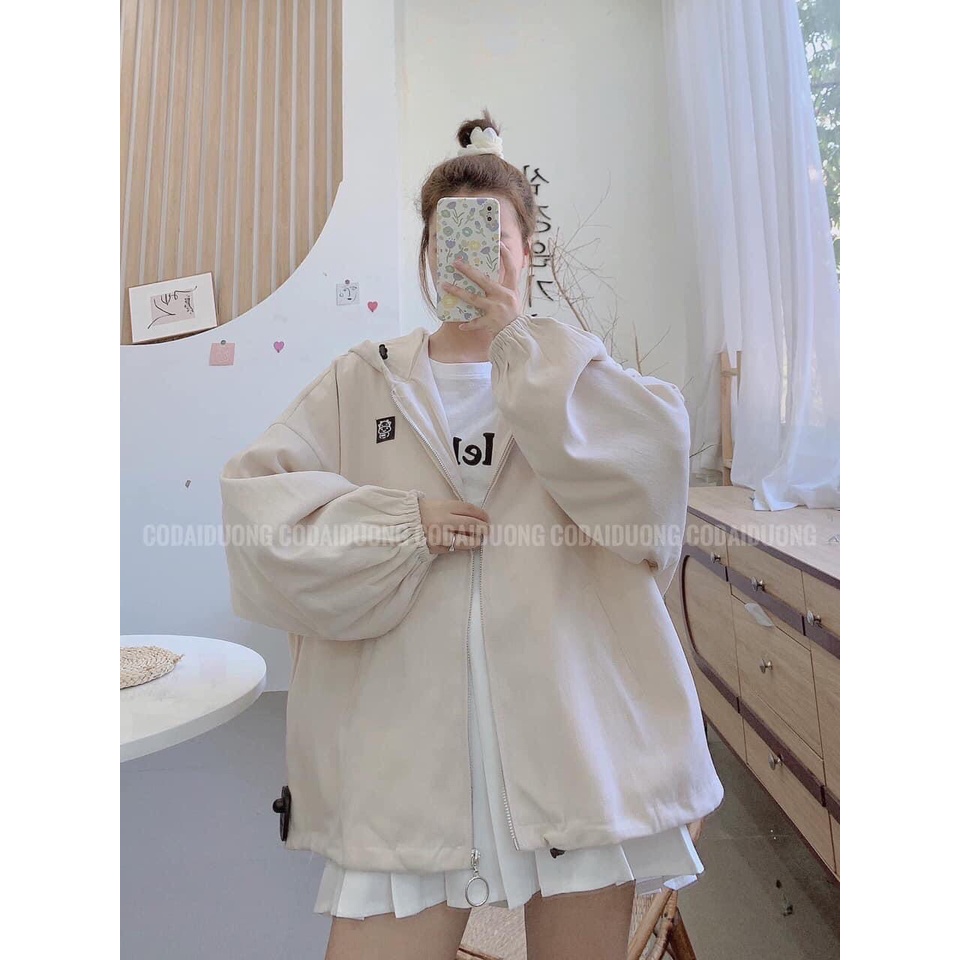 Áo khoác nhung có mũ họa tiết logo phối khóa tròn ulzzang/ Áo khoác nữ mặc thu đông tay bồng dáng rộng unisex | BigBuy360 - bigbuy360.vn