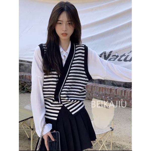 Set Áo Ghi Lê Len Sọc Ngang Kết Hợp Sơ Mi Trắng  - Thời Trang Thu Đông Nữ