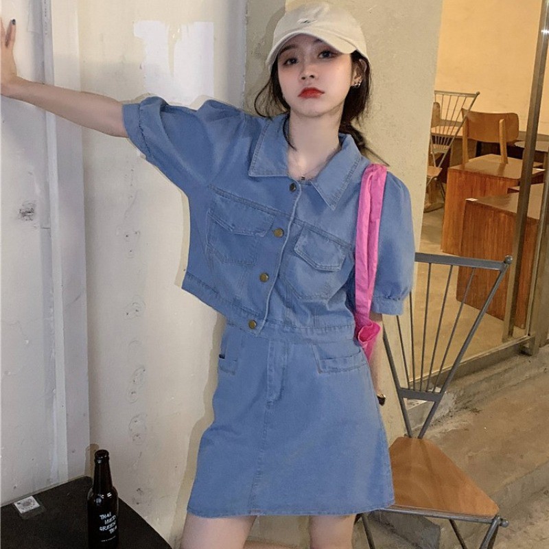 Small fashion suit female summer 2021 new bubble short-sleeved shirt denim skirt temperament was thin two-piece suit