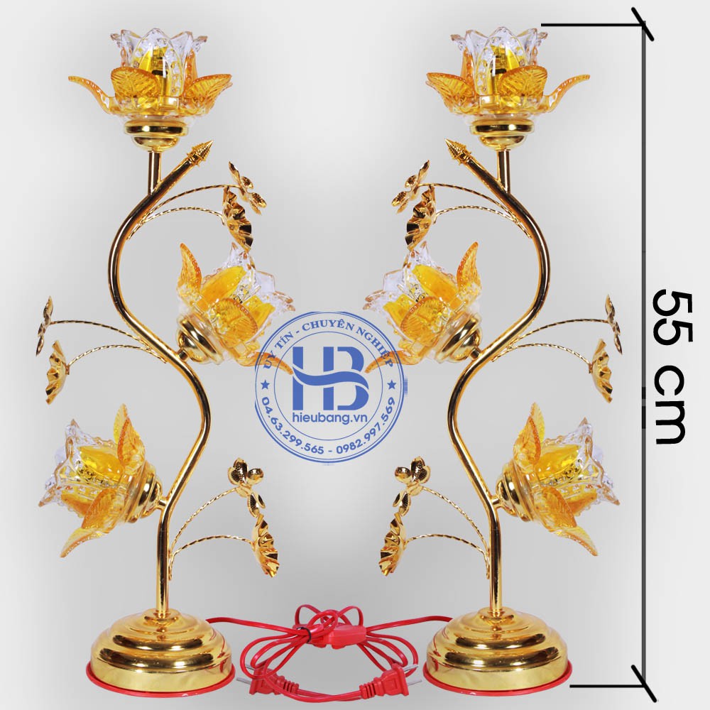 Đôi đèn thờ thủy tinh 3 bông 55cm