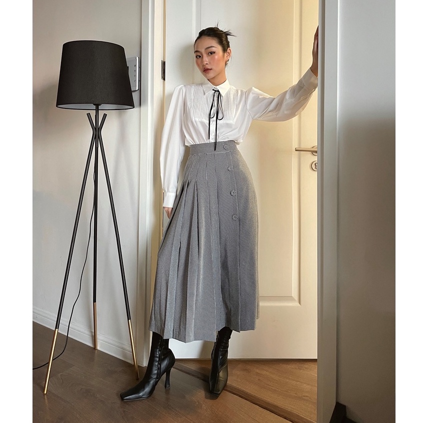 Chân váy midi dáng xòe HUONG BOUTIQUE HBZ358 mini check xếp ly lệch