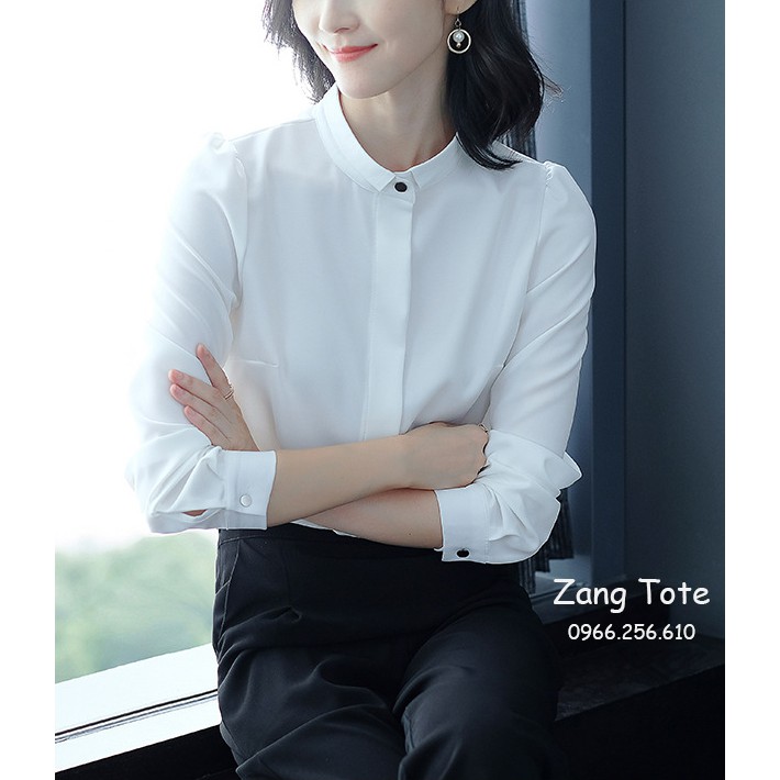 Áo sơ mi công sở nữ giấu cúc cổ polo cách điệu chất Mango Hàn cao cấp màu trắng sứ SMFH1 - Zang Tote