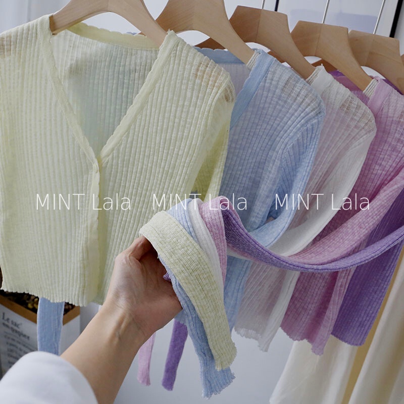 Áo Khoác Mỏng Mặc Áo Váy Dây Xuyên Thấu Cổ V 1 Cúc Dáng Ngắn