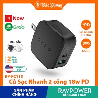 Củ Sạc Nhanh 18w 2 Cổng RAVPower RP-PC113 Usb Type C PD dành cho IP 6 7 8 Plus 10 11 12 Pro max x xs cốc cóc