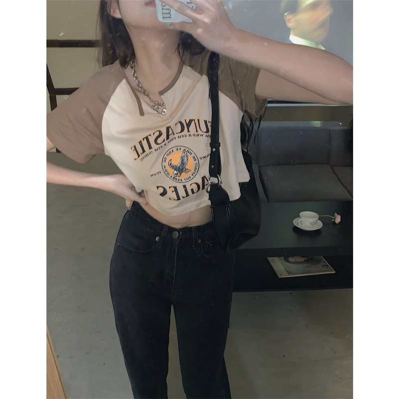 Áo Thun Croptop Ngắn Tay Cổ Tròn In Họa Tiết Gợi Cảm Cho Nữ