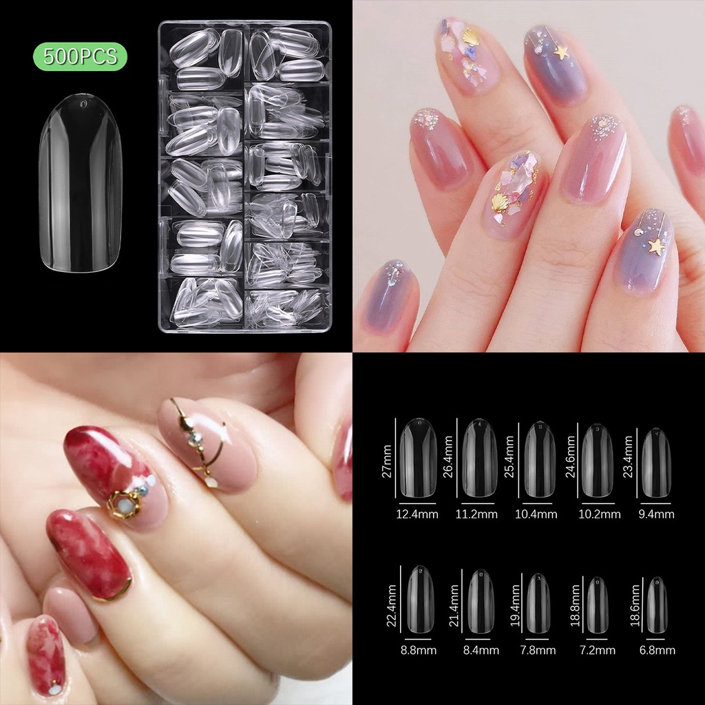 MONJA Hộp 500 Móng Tay Giả Trong Suốt Kèm Keo Dán Tiện Dụng