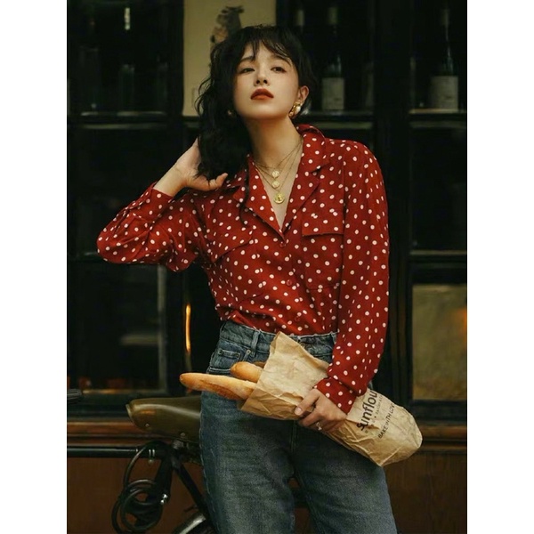 Áo Sơmi Đỏ Chấm Bi Retro Phong Cách Thập Niên 80 Diamondcloset Order