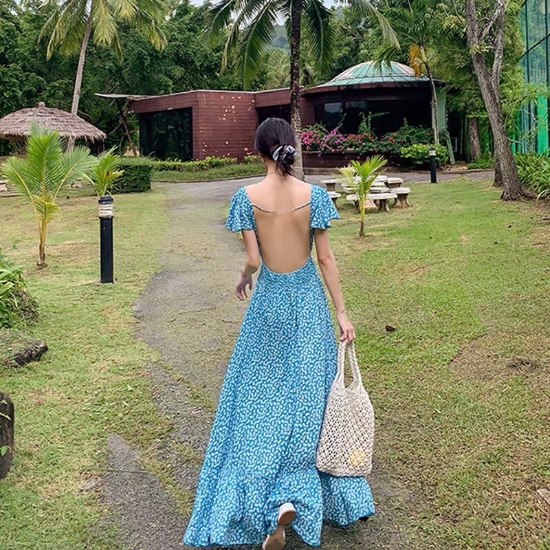 Đầm maxi hoa nhí xanh hở lưng cực vintage nàng thơ lên hình chất chill