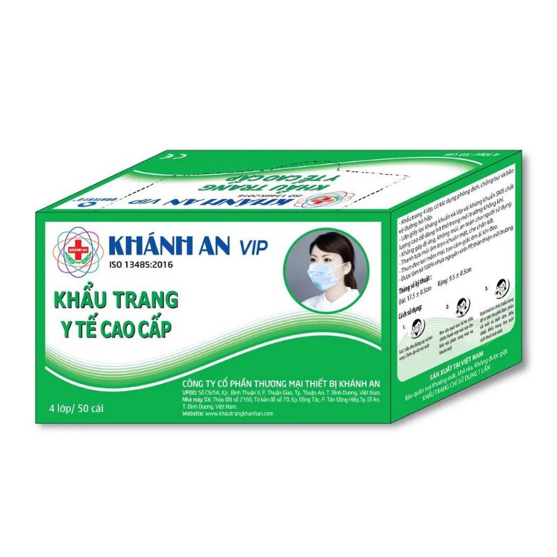 Hộp 50 cái khẩu trang y tế Khánh An 4 lớp kháng khuẩn màu xanh