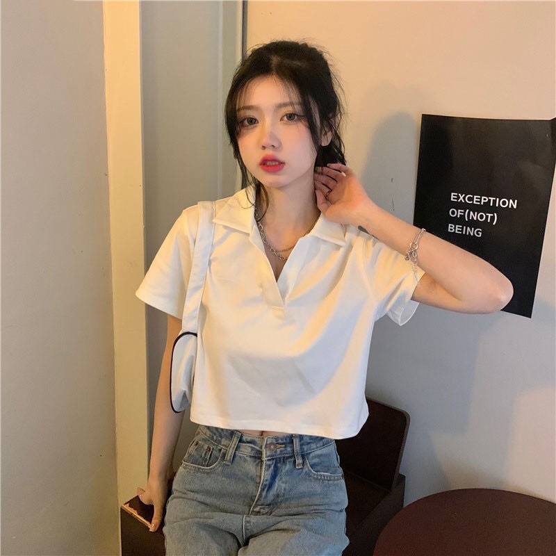 Áo Kiểu Croptop SanJoli Áo Polo Nữ Trắng Trơn tay ngắn sexy Hàn Quốc giá rẻ Jennie Cá tính thể thao AO018 | BigBuy360 - bigbuy360.vn