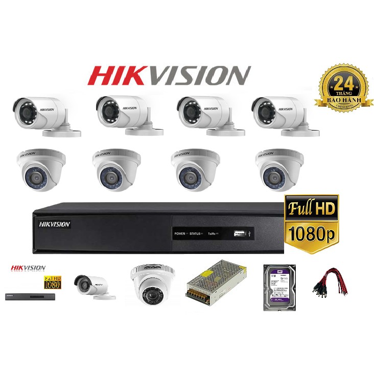 Trọn Bộ 8 Camera Quan Sát Hikvision 2M Full HD 1080P và Đầu ghi hình 8 kênh DS-7208HGHI-F1/N - Hàng Chính Hãng