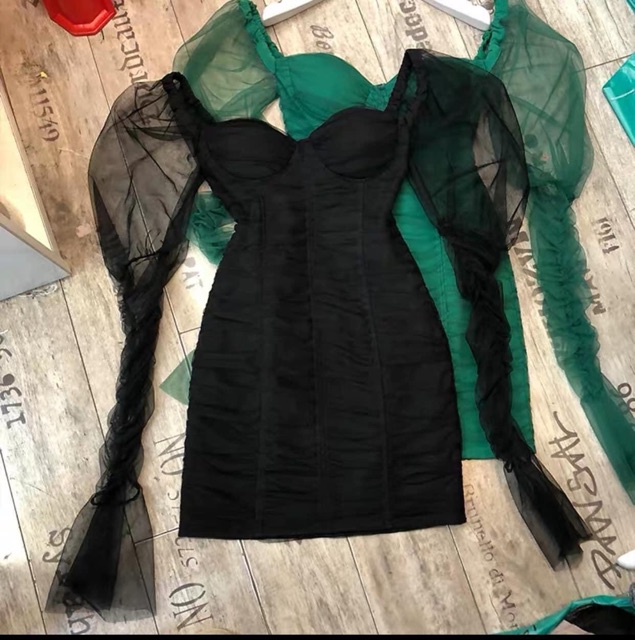 Váy body dài tay tay bồng lưới , cup ngực đỏ xanh đen