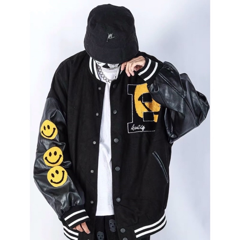Áo khoác bomber vasity mặt cười thêu