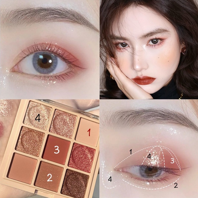 Bảng Phấn Mắt 9 Màu Lì / Nhũ Ngọc Trai Kháng Nước Lâu Trôi Chống Mồ Hôi Trang Điểm Tự Nhiên