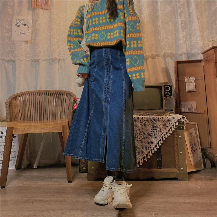 IMAODOU Long Jean Skirt Retro Style Autumn Winter 2023loose High Waist A-Line Skirt
