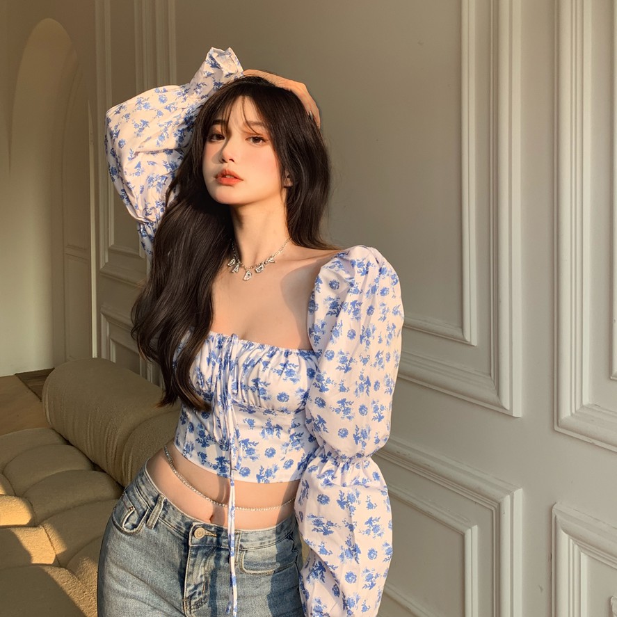 Áo sơ mi nữ kiểu hoa nhí tay dài Emilyshop