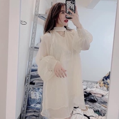 Áo sơ mi cổ phối ngọc dáng rộng- 2 lớp dáng babydoll | WebRaoVat - webraovat.net.vn