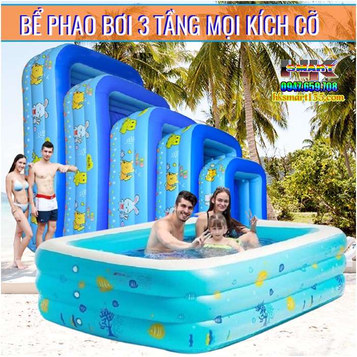 Bể Bơi Phao Trẻ Em 3 Tầng, Bể bơi phao trong nhà hình chữ nhật kích thước 150cm ( 1m35, 1m8,2m1) dày dặn, bền đẹp