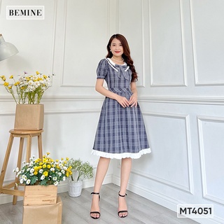 Đầm phối cổ nơ tùng bèo bemine mt4051xanhđen