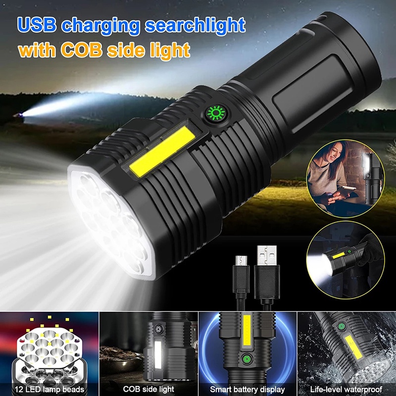 Đèn Pin Cắm Trại 12 Bóng LED Sạc USB Chống Nước Chất Lượng Cao