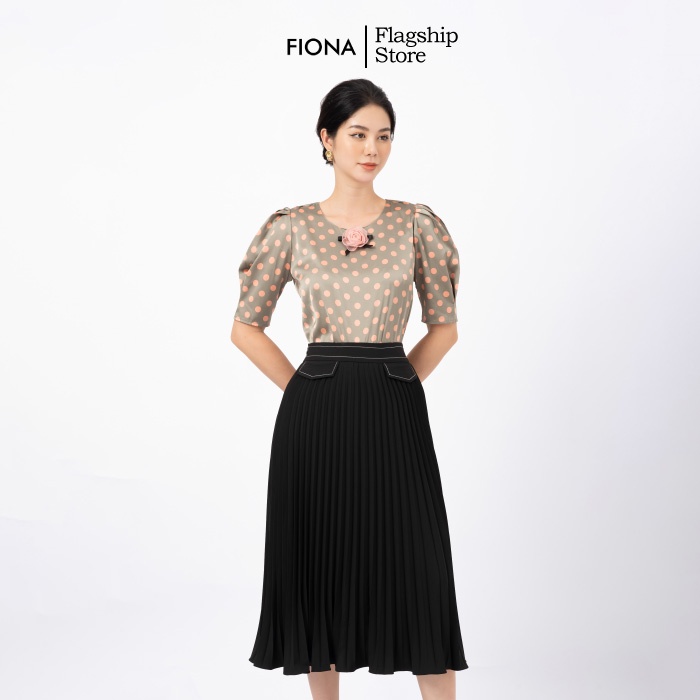 Áo sơ mi nữ vai bồng tay lỡ xếp ly FIONA, áo sơ mi họa tiết chấm bi dáng suông mã F551261