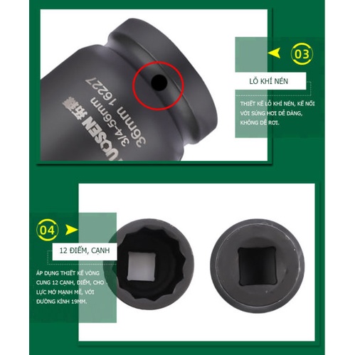 Tuýp đầu bông 12 cạnh 3/4 inch TUOSEN ( đủ cỡ từ 17mm đến 41mm)