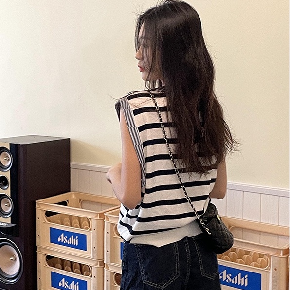 Áo thun ZHELIHANGFEI vải dệt kim không tay dáng rộng kẻ sọc ngang cá tính