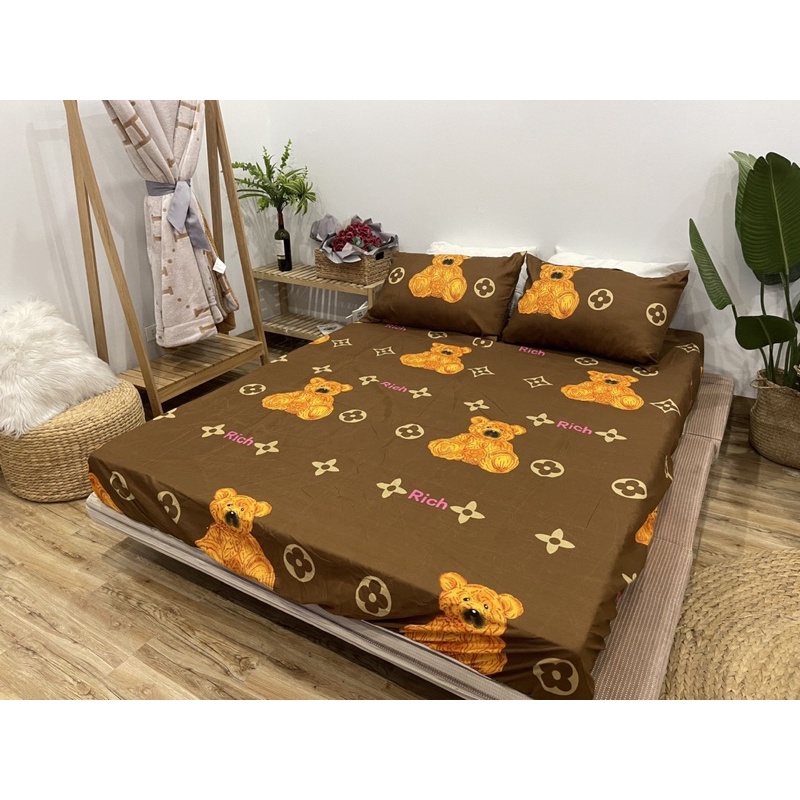 Bộ Ga Gối Gấu Nâu Cotton poly 3D thun mát hình dễ thương đủ kích thước ga bo chun có vỏ gối