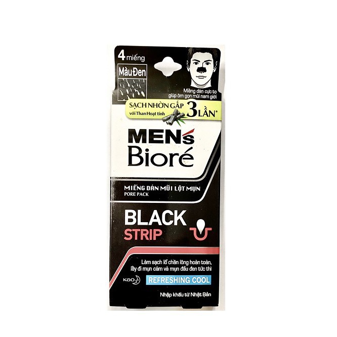 (SIÊU TỐT) Miếng Dán Mũi Lột Mụn Than Hoạt Tính dành cho Nam - Men's Biore Pore Pack Black Strip REFRESHING COOL - 4 MIẾ