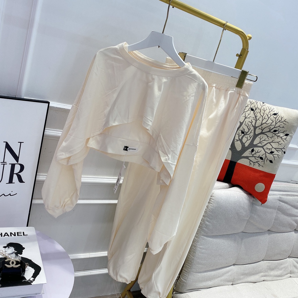 Set 3 món croptop len tăm thêu chữ quần ống rộng dài tay thu đông đồ bộ nữ thể thao MIVOSA 060