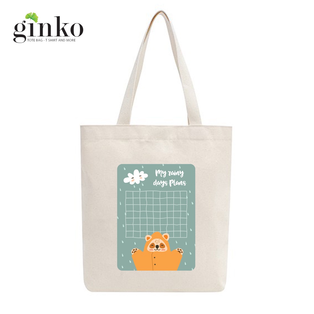 Túi Vải Tote GINKO Kiểu Basic dây kéo In Hình Rainy Bear G163