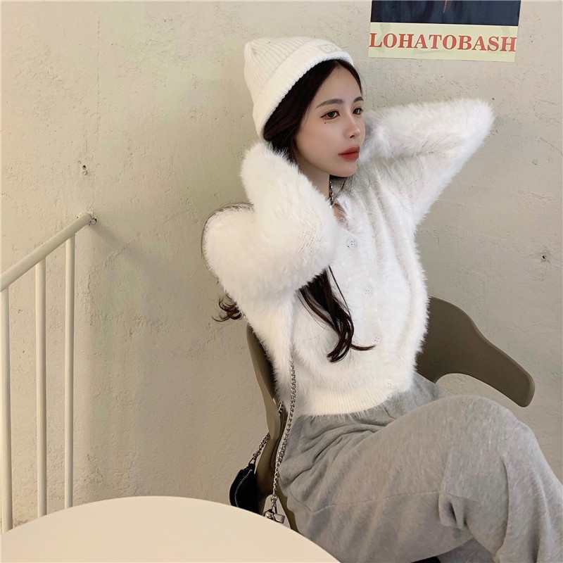 Áo len lông thỏ dáng ngắn, áo khoác len cardigan A1012