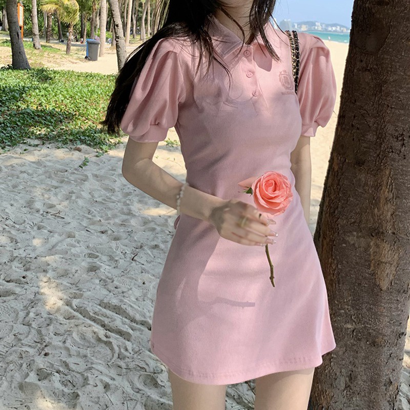 Đầm Tay Ngắn Màu Trơn Dáng Ôm Thời Trang Mùa Hè Hàn Quốc Cho Nữ