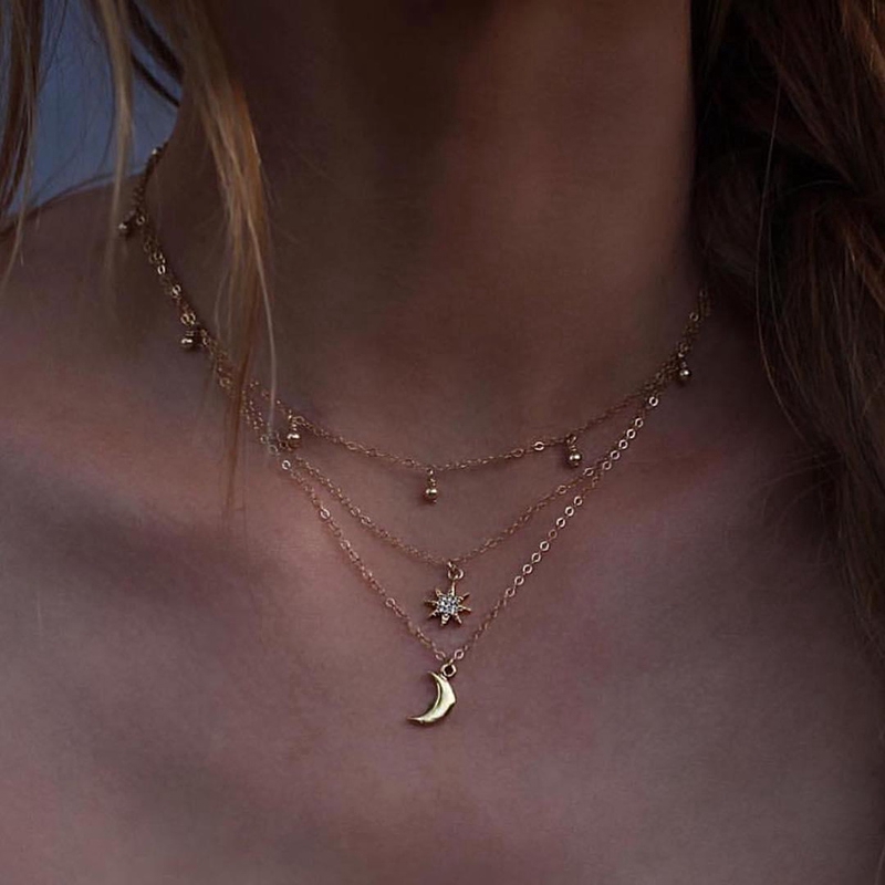 [YD]Boho Multi Layer Beads Choker Necklaces for Women Sexy Moon Fashion Pendant Vintage Necklace