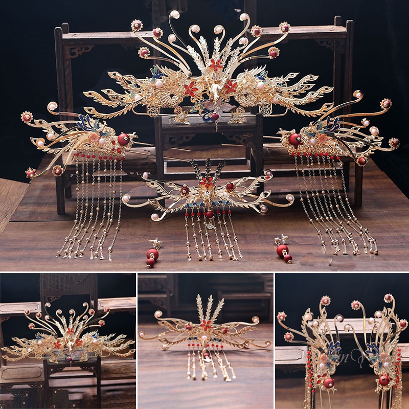 GETNOIVAS Set Vương Miện Và Bông Tai Phong Cách Trung Hoa Cổ Điển Cho Cô Dâu
