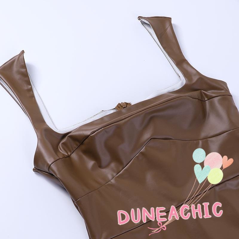 DUNEA Đầm da pu không tay xẻ tà phong cách đường phố cá tính cho nữ