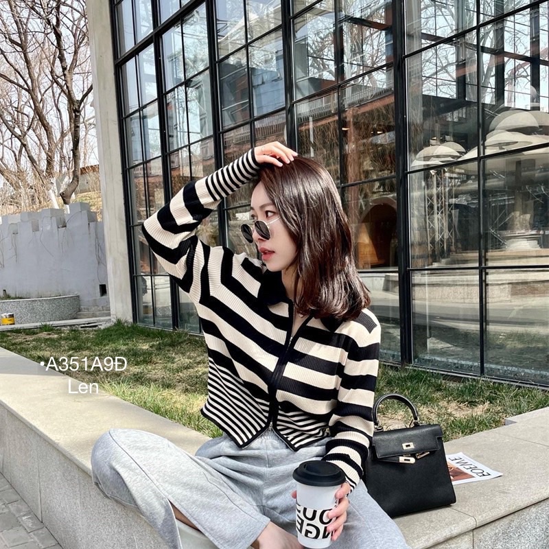 Áo khoác len sọc tay dài dây kéo minie