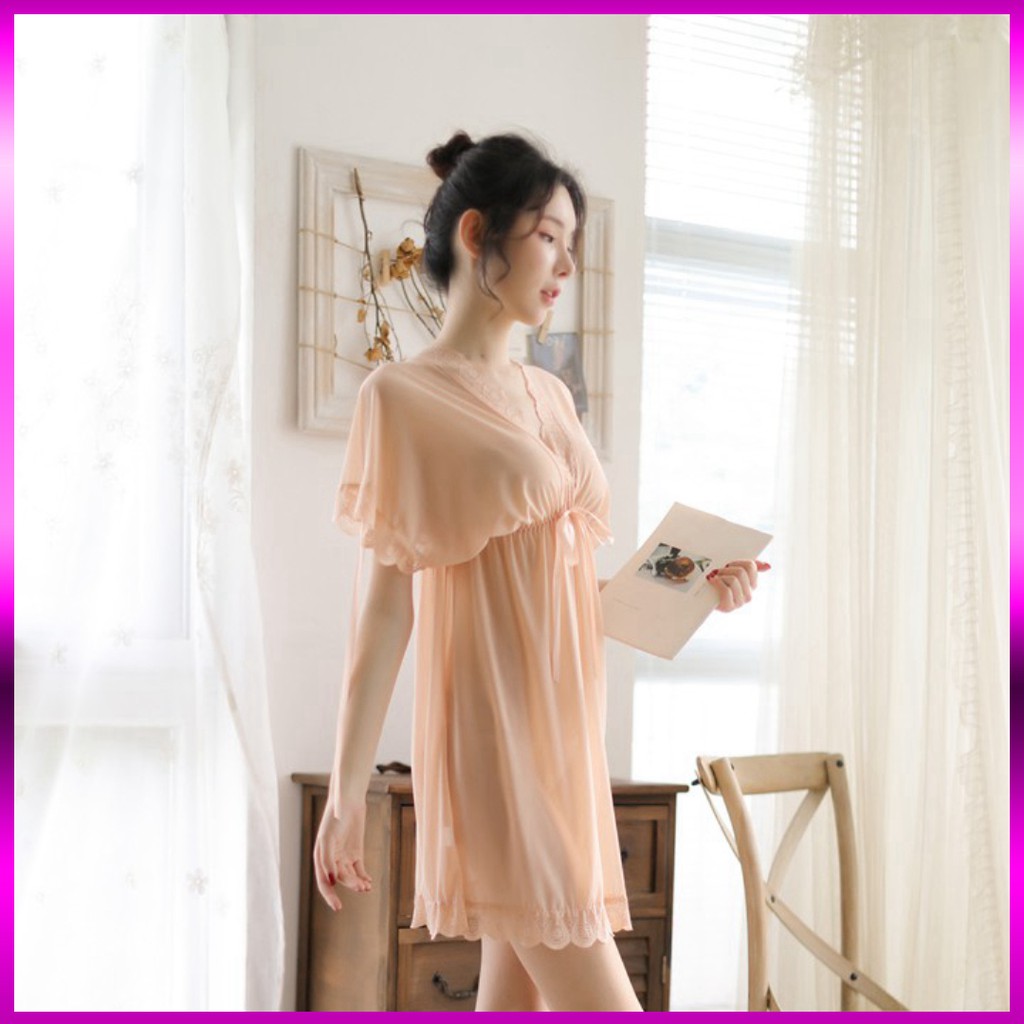 Váy ngủ ren sexy bẹt vai mặc hai kiểu đồ ngủ big size voan thun với màu vàng mơ ngọt ngào - Sexy Lady