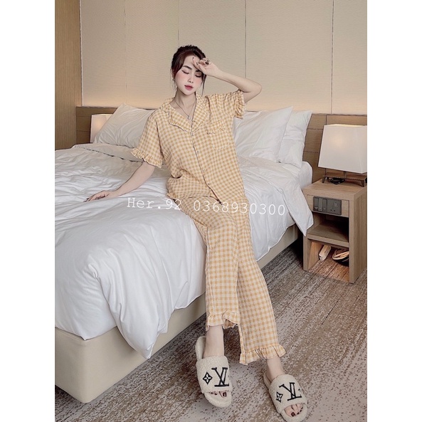 Bộ pijama mặc nhà hoạ tiết kẻ ô ziczac nữ viền bèo hàng thiết kế cao cấp