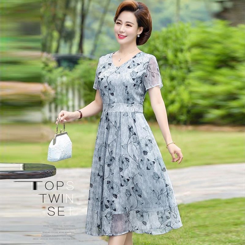 váy đầm dáng xoè✢▩Váy voan ngắn tay mùa hè của mẹ trung niên Phong cách phương Tây cho phụ nữ 50 tuổi và cao d | BigBuy360 - bigbuy360.vn