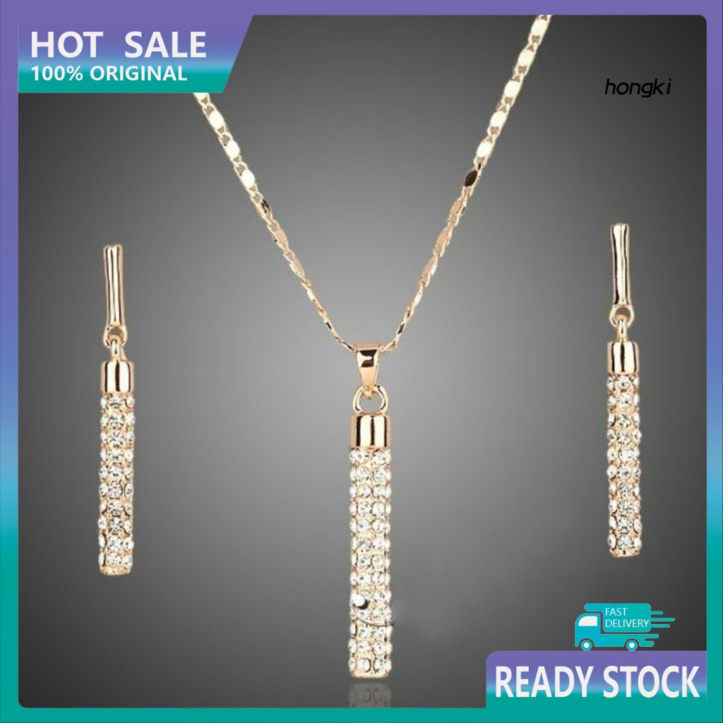 1 Set Vòng cổ Và Bông Tai Hình Trụ Đính Đá Lấp Lánh